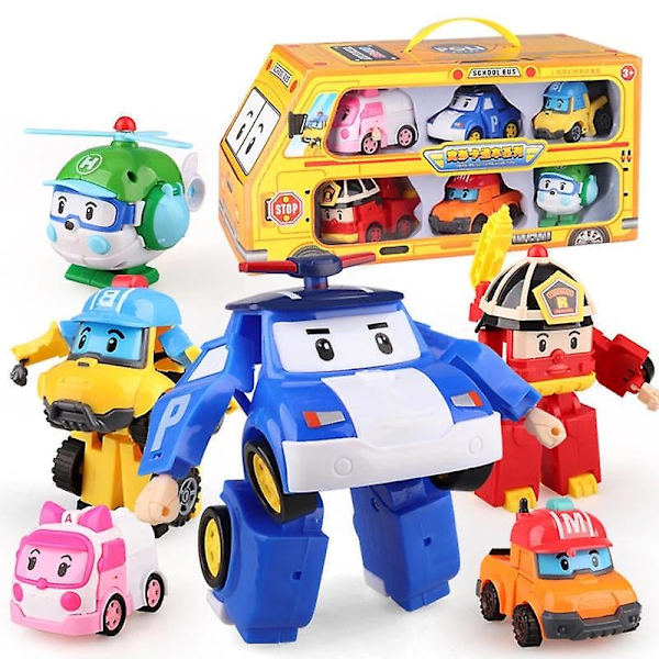 6 kpl/setti 2023 Korea Speelgoed Polis Robocars Transformatie Robot Poli Roy Amber Anime Metall Actionfigur Tecknad Leksaksbil Barn 6PCS WITH COLORBOX