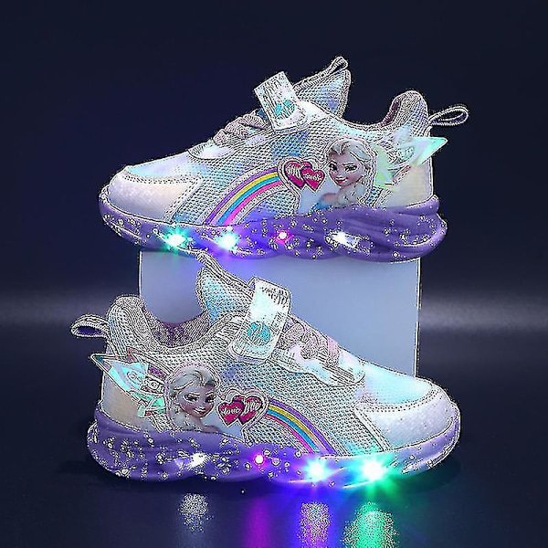 Flicker Led Casual Sneakers Elsa Prinsesse Trykk Utendørs Sko Barn Lys-opp Sklisikre Sko for Vår og Vinter - Yzy Purp Purple 32-insole 20cm