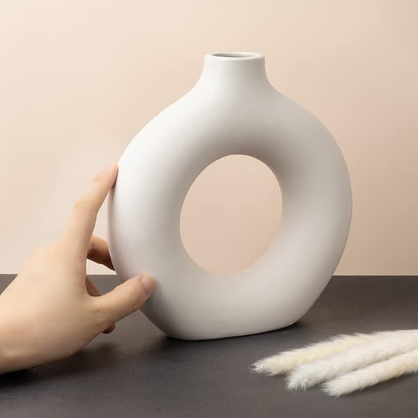 Off White Keramisk Donutvas, Pampasgräsvas, Modern Vas för Heminredning, Pampasgräsvas-FA-