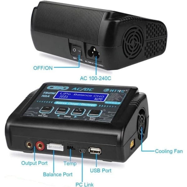HTRC RC LiPo-lader 150W 10A 1-6S AC/DC C150 for NiCd Li-Ion Life NiMH LiHV PB Smart-batteri (svart)
