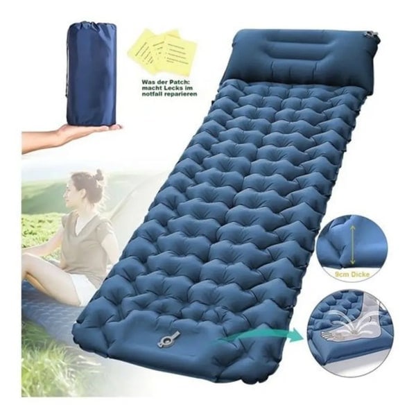 9 cm tyk, ultralet campingmadras med pude 196 x 68 cm