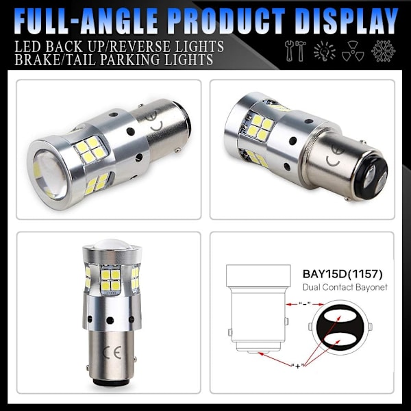 BAY15D P21/5w 1157 LED 12V 24V bil-/lastebillys (2-pakning)