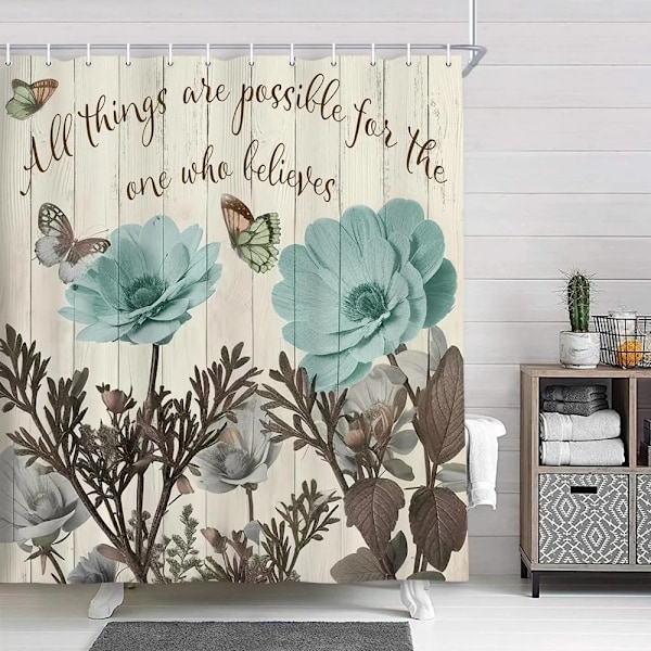 Blommedusjforhæng Akvarel Lille Badeværelse i Frisk Stil Vandafvisende Polyester Gardinvægdekoration med Kroge D7738 180X180cm D7738