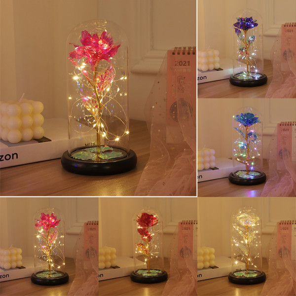 Romantisk gave til Valentinsdag - Gullfolie rose i kuppel med LED-lys Rose red