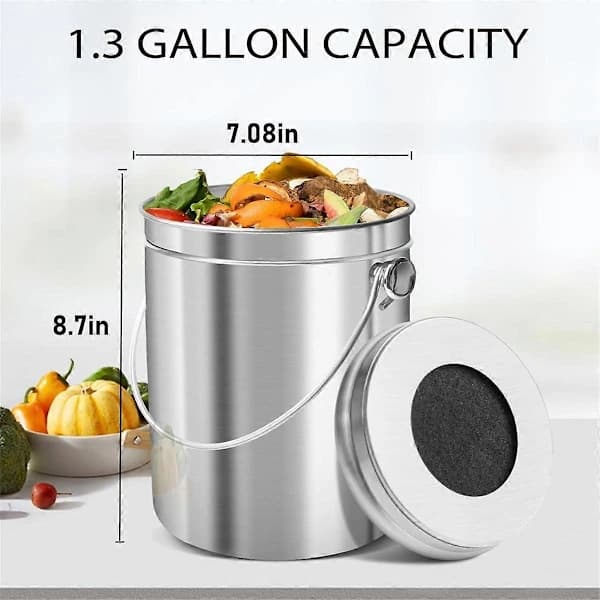 Compost Bin for Kitchen Countertop, 5 Liter Stainless Steel Indoor Compost Container with Lid, Odorless Food Waste Bin-FA-