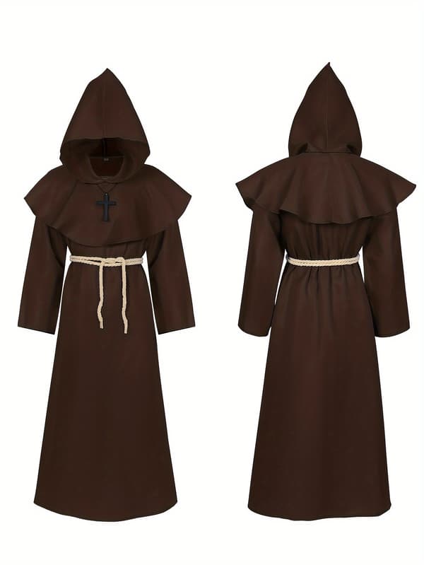 Hætteklædt middelalderlig præstekappe kostume til mænd, polyester renæssancekappe med bælte M Dark Brown
