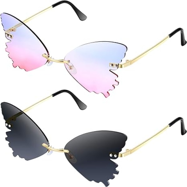 2 Pairs Butterfly Rimless Sunglasses Cat Eye Oversized Eyewear