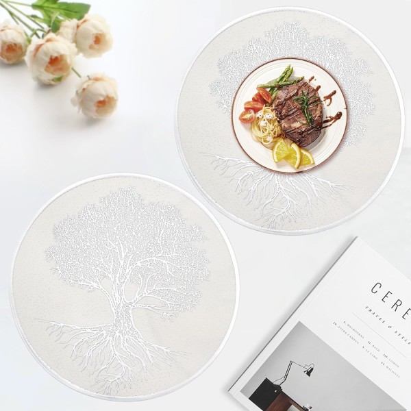 Runda pressade vinylbordsmattor, Set med 6, Silver Tree bordstabletter, Lätt att rengöra, Vattentäta bordsunderlägg