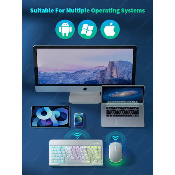 Tabletti-näppäimistö Android iOS Windows langaton hiiri Näppäimistö Bluetooth yhteensopiva Rainbow Taustavalaistu näppäimistö iPad-puhelin (valkoinen)