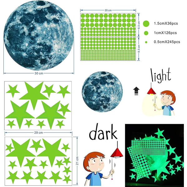Stjärna och mån klistermärken, självlysande stjärn klistermärken, fosforescerande
