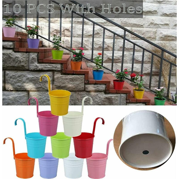 Sett med 10 metallhengende blomsterpotter med dreneringshull, avtakbar krok i forskjellige farger