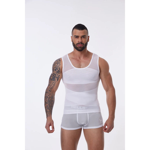 Kompressionsskjorte til mænd, slankende undertrøje, kropsformer, undertrøje, gynomastika, ærmeløs shapewear-vest, mesh-korset, HVID-FA3- WHITE XL