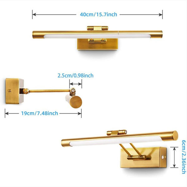 8W dimbar innendørs vegglampe, LED-baderomsspeil vegglampe med svingbar leselampe, 3000K for bilder og lysarmaturer (messing 640LM, 40CM)