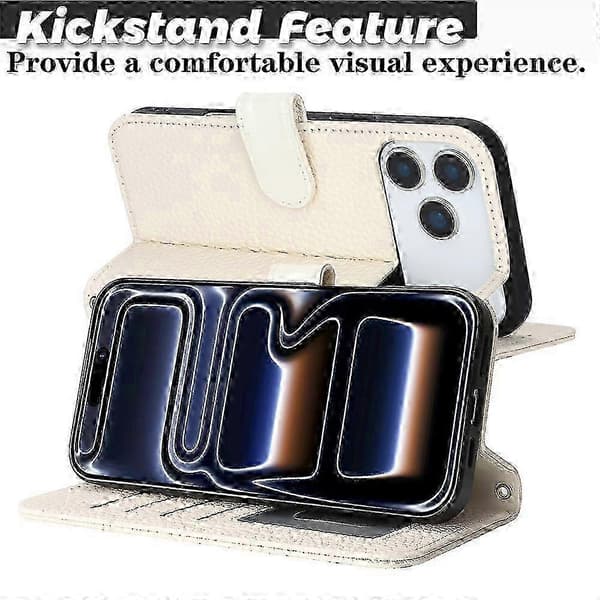 Kompatibel för iPhone 17 Pro Stativfodral Litchi Textur Äkta Koläder Plånbok Telefonfodral RFID-FA-