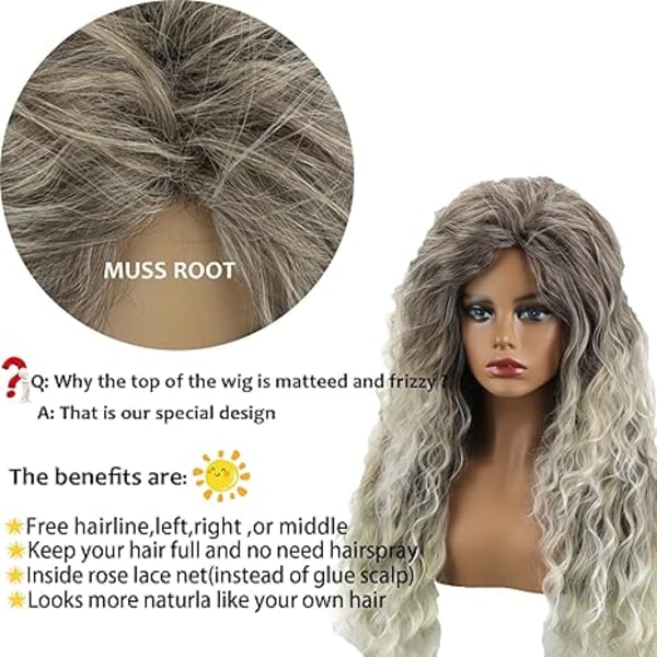 Lang krøllet bølget parykk grå blond kvinne blandet blond krøllet parykk
