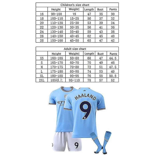 22-23 Ny sæson Manchester City nr 9 Haaland Jersey Trøje W / 22(120-130CM)