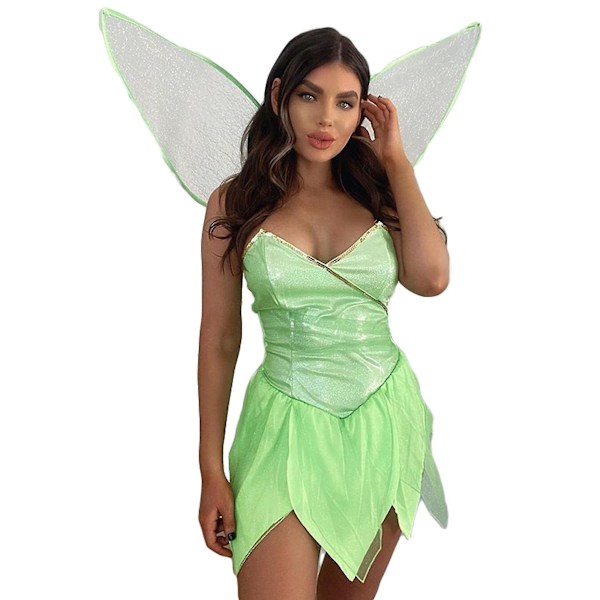 Kvinnors älva Tinker Bell kostymklänning grön alv cosplayklänning med gröna vingar L Green