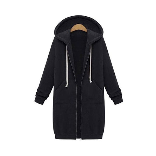 Damjacka med dragkedja framtill i fleece, lång huvtröja i plusstorlek Svart Black XL