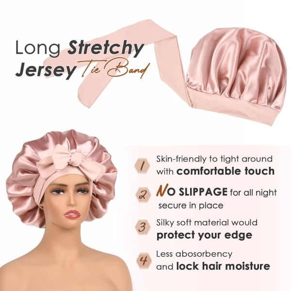 Satiinimyssy Silkki Myssy Nukkumiseen Kaksinkertainen Kerros Satiinivuorattu Hiusten Myssy Solmio Myssyt Naisille Luonnollinen Kiharat Hiukset Pinkki pink