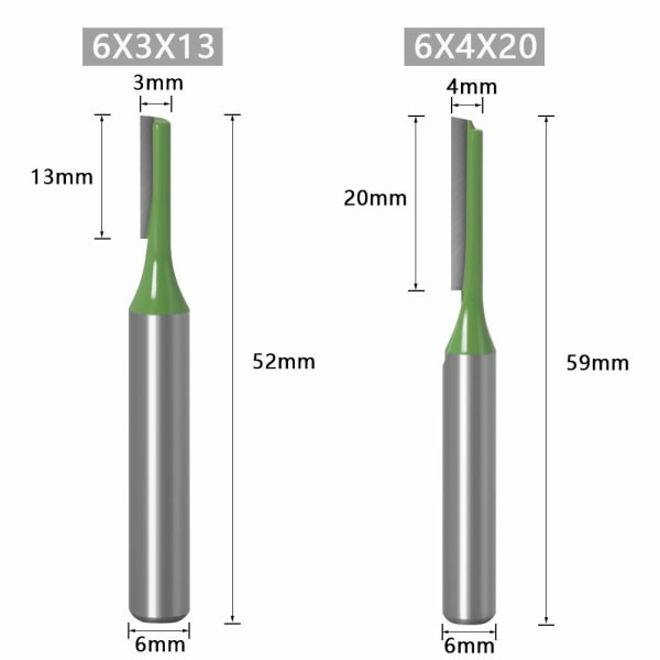 7 stk 6 mm skaft fresesett med rette skjær med karbidskjær E