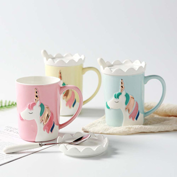 Söta muggar i keramik Enhörningsmugg Rolig kaffemugg Unika mjölktekoppar med spetslock och sked för barn, kvinnor, flickor (rosa)