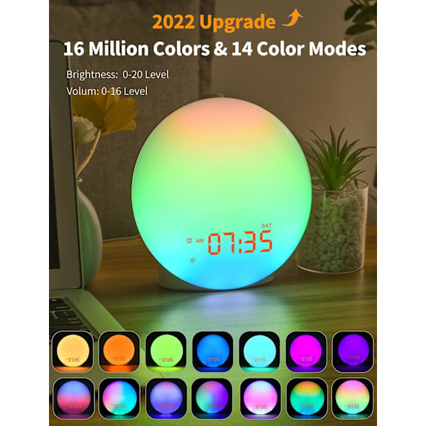 Solopgang Alarmur, Vækkeur med Fuld Skærm, 14 Lys