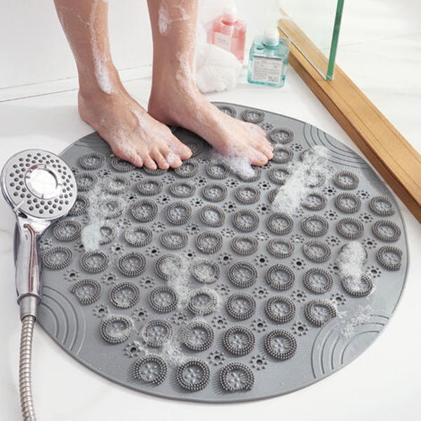 55x55cm, Mørk Lysegrå Rund Massage Bademåtte Skridsikker Brusebadsmåtte Badeværelsesmåtte Maskinvaskbar Brusebadsmåtte Badekar Måtte med Afløbshul og Sug