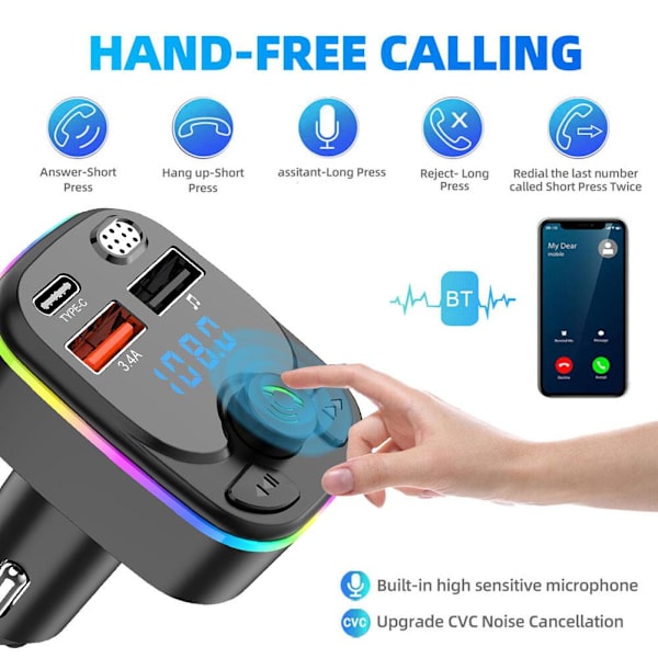 Bil Trådløs Bluetooth FM-sender MP3, USB, TYPE - C Lader BlackA straight bar