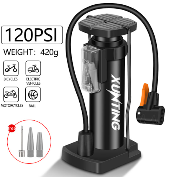 Jalkapumppu Schrader- ja Presta/Dunlop-venttiileille, 140PSI, musta