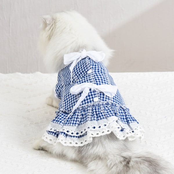 Husdyrkjole Vår og sommer Kattkjole Blonder Tartan skjørt Blå og hvit rute Tartan skirt-blue and white plaid XXL