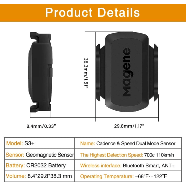 S3+ Cykelhastigheds- og kadencesensor, Ant+ og Buletooth 4.0 Wir