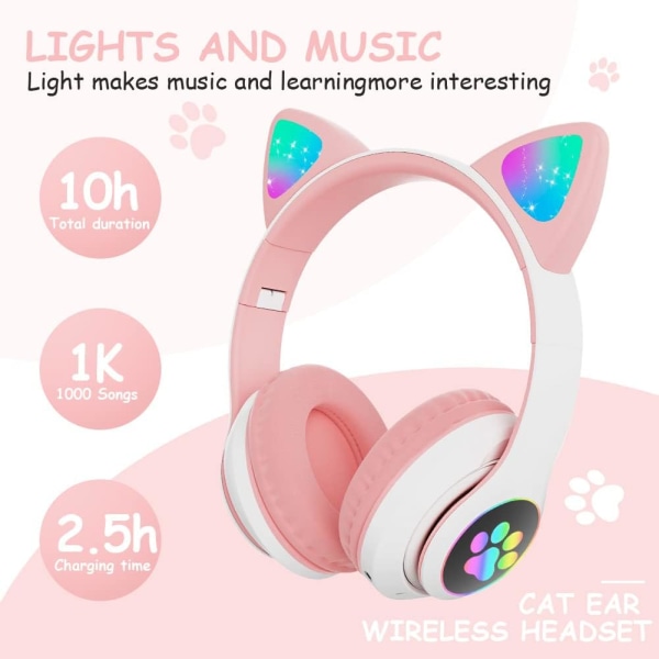 Bluetooth hörlurar för barn, LED Light Up Cat Ears
