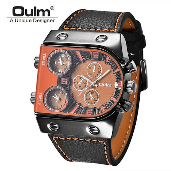 Oulm Klockor Herr Quartz Casual Läderarmband Armbandsur Sport Multi-Time Zone Militär Man Klocka C5