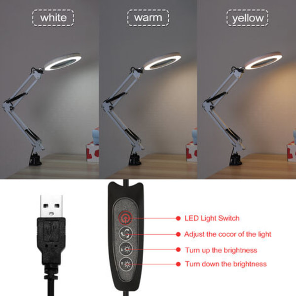 LED-forstørrelseslampe - Foldbar skrivebordslampe - Læselampe med USB-strøm