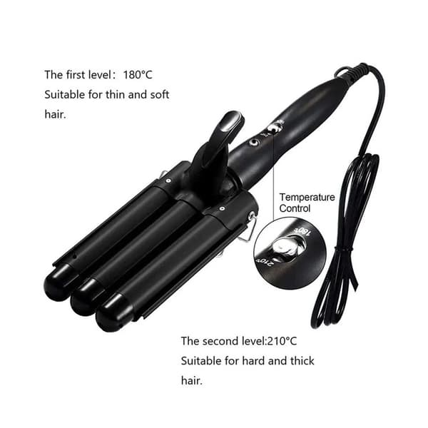 Three-barrel curling iron with heat protection and two temperature settings Black 20mm Black{YDE}-FA-