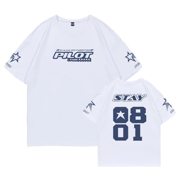Stray Kids Sama T-paita Naiset Miehet SKZ 3. FM Pilot For 5 Stars Konsertti Puuvilla T-paita Kpop Kesä Lyhythihainen Poika Tytöt Tee White-FA3- White M