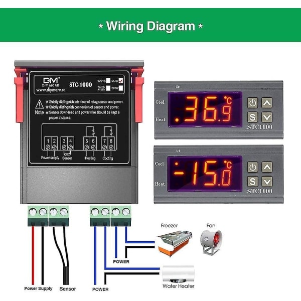 Stc-1000 temperaturregulator, 12v 10a allsidig digital termostat med NTC-sonde for beskyttelse-, varme- og kjøleluke