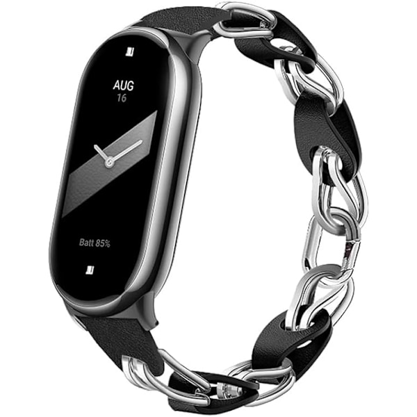 Kompatibel med Xiaomi Mi Band 8 Armbånd, Udskiftningsarmbånd Åben Design Rustfrit Stål Ring Læderkæde Bælte Åndbart Elegant Armbånd til Kvinder Black Silver