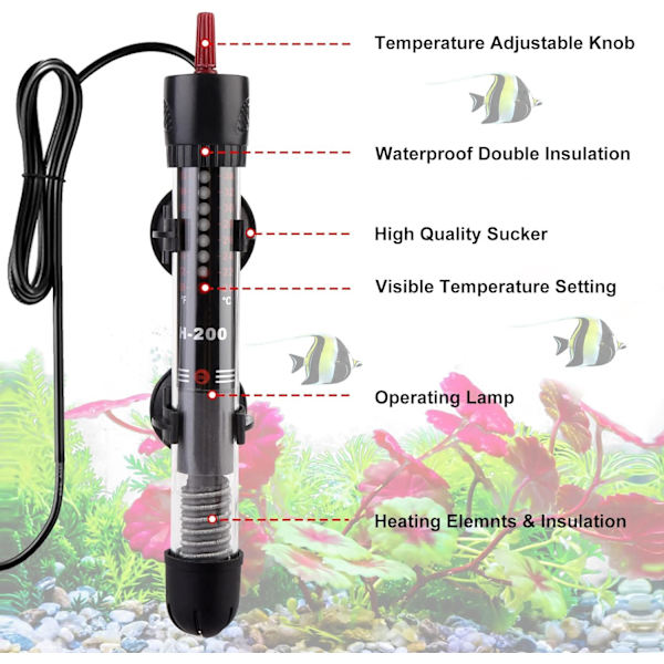 (60 l, 50 W) Akvarievärmare - Justerbar termostat - Med 2 sugkoppar