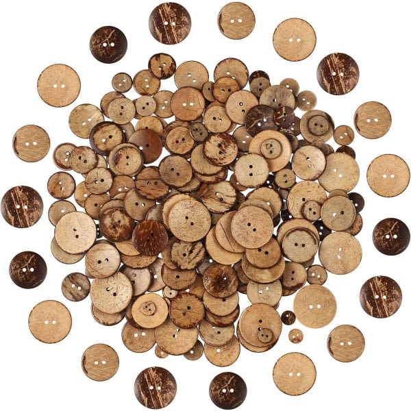 200 naturlige kokosnøttknapper blandet 2 hull påsydde håndverksknapper Runde brune knapper for DIY-sytilbehør, 5 størrelser