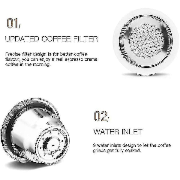 Kapsel, Genanvendelig, Rustfrit Stål, 3 Genopfyldningsbare Pads til Nespresso + 1 Tamp + 1 Ske + 1