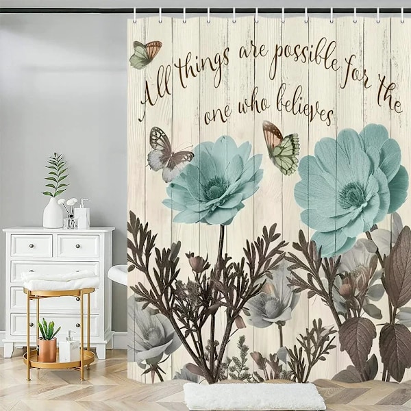 Blommeduschforhæng Akvarel Lille Badeværelse i Frisk Stil Vandafvisende Polyester Gardinvægdekoration med Kroge R831 150X180cm R831