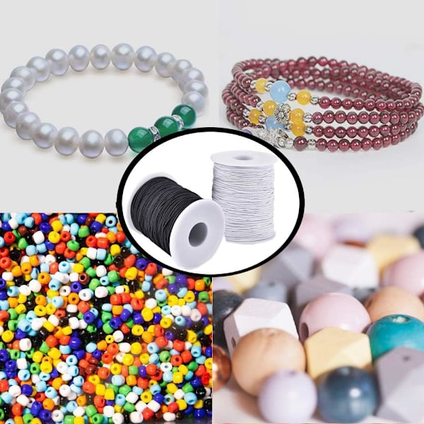 Elastisk snor for armbånd, 2 ruller 1 mm Robust elastisk snor for smykkefremstilling, halskjeder, perler svart og hvit Black and White