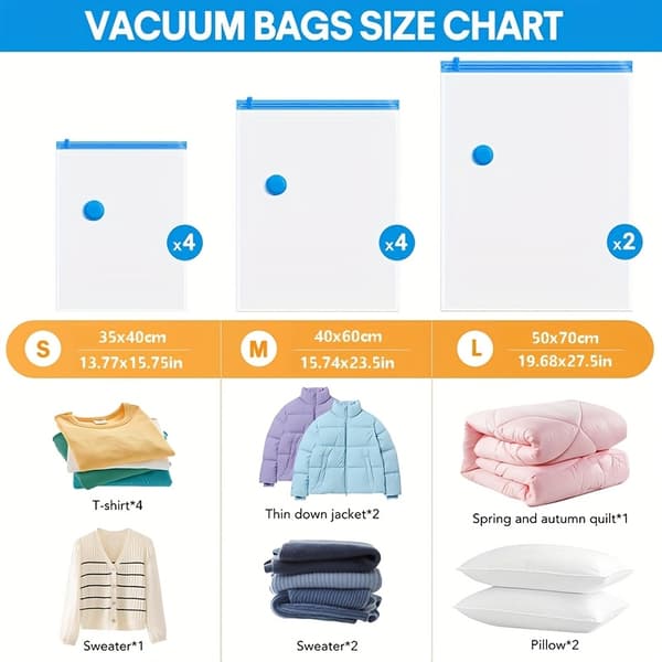 Vakuumkompresjonsoppbevaringsposer Sett 11 stk med håndpumpe Stor Medium Liten 11pcs Set Not provided
