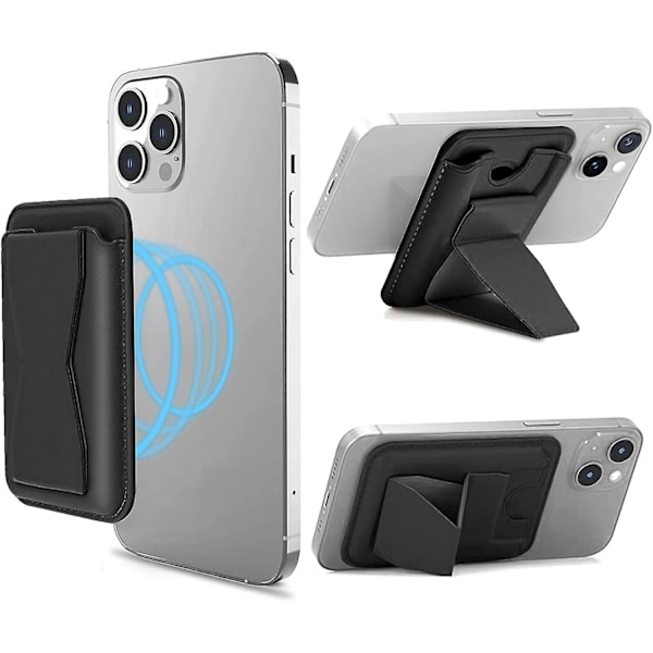MagSafe-kortholder, skinntelefonlommebok med magnetisk stativ fingergrep for iPhone 15/14/13/12-serien Black