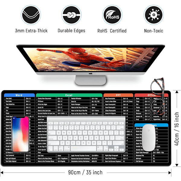 Stor musmåtte med Excel-tastaturgenveje til Office, multifunktionel, komfortabel gaming-musmåtte, skridsikker skrivebordsmåtte til kontor og hjem 900 shortcut keys