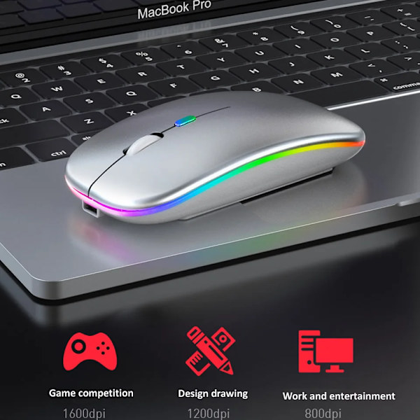 Trådløs mus Bluetooth-kompatibel / 2.4G To forbindelsestilstande Genopladelig RGB-mus Gamer Stille mus til bærbar computer Two Modes Silver
