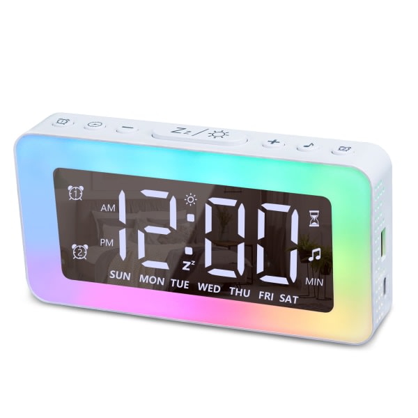 LED digital spegelklocka med 8 ljuslägen, snooze, sömnhjälp, timer, elektronisk väckarklocka med kontinuerlig dimmer