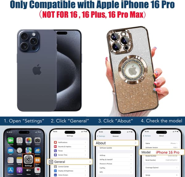 Misscase for iPhone 16pro Magnetic Glitter Case Compatible with MagSafe, Full Protection Slim Shockproof Anti-Scratch Case with Camera Gold-FA-