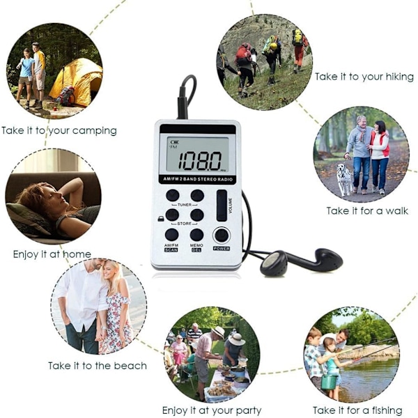 Mini bærbar stereoradio, oppladbar lommeradio DSP AM FM 2-bånds stereoradio digitalmottaker med hodetelefoner for eldre, enkel å bruke (hvit)